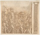 Triumph of Caesar: soldiers carrying trophies (pilaster at right), Gian Marco Cavalli  Italian, Engraving, printed in brown