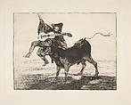 'Barbarous Entertainment', a blind guitarist on the horns of a bull, Goya (Francisco de Goya y Lucientes) (Spanish, Fuendetodos 1746–1828 Bordeaux), Etching, aquatint, drypoint on laid paper