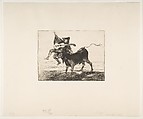 'Barbarous Entertainment', a blind guitarist on the horns of a bull, Goya (Francisco de Goya y Lucientes) (Spanish, Fuendetodos 1746–1828 Bordeaux), Etching, aquatint, drypoint on laid paper