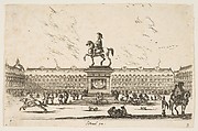 La Place Royale, equestrian statue of Louis XIII in profile facing the left in center, various horsemen and figures in background, plate 3 from "Various Figures" (Agréable diversité de figures), Stefano della Bella  Italian, Etching; undescribed state between second and third of five (De Vesme)