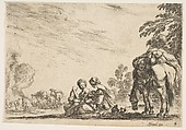 Two women, one nursing a child, seated next to a dog and a horse carrying a pack, horses and figures to left in the background, plate 6 from "Various Figures" (Agréable diversité de figures), Stefano della Bella  Italian, Etching; fourth state of five (De Vesme)