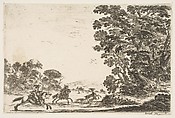 A deer hunt, two horsemen galloping towards the left behind three dogs and a deer, a group of trees to right, plate 4 from "Various Figures" (Agréable diversité de figures), Stefano della Bella  Italian, Etching; fourth state of five (De Vesme)