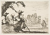Two pilgrims with hats rest to the left, seen from behind, a horseman rides towards the background to the right, plate 5 from "Various Figures" (Agréable diversité de figures), Stefano della Bella  Italian, Etching; state unknown (clipped impression)