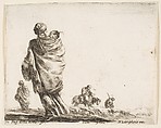 A poor woman to left, seen from behind, enveloping her child in a shawl, another woman seen from behind to left in background, a woman atop a horse and a man to right in background, plate 21 from "Diversi capricci", Stefano della Bella Italian, Etching; third state of four (De Vesme)