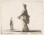 A noblewoman walking towards the left with a feathered fan, another woman in background to left, plate 18 from "Diversi capricci", Stefano della Bella Italian, Etching; third state of four (De Vesme)