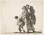 A beggar woman with three children, one child on her shoulders, one child in her arms, and one child who walks in front of her to left, plate 22 from "Diversi capricci", Stefano della Bella Italian, Etching; third state of four (De Vesme)