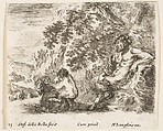 A satyr sitting against a tree to right and holding a flute in his right hand, a child playing with a goat to left, plate 23 from "Diversi capricci", Stefano della Bella Italian, Etching; third state of four (De Vesme)