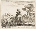 Herdsman atop a horse, seen from behind, leads his cattle down a hill, a tower on a hill to left in the background, plate 24 from "Diversi capricci", Stefano della Bella Italian, Etching; third state of four