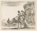 Two girls walking towards the left, seen from behind, a woman on a horse to left in background, plate 3 from "Diversi capricci", Stefano della Bella Italian, Etching; third state of four