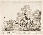 A peasant woman herds two cows across a stream, walking towards the left, plate 2 from "Diversi capricci", Stefano della Bella Italian, Etching; third state of four (De Vesme)