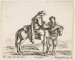 A peasant on horseback in profile facing the right, holding a basket and talking to another man standing behind the horse, plate 6 from "Diversi capricci", Stefano della Bella Italian, Etching; third state of four (De Vesme)