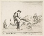 A barefoot peasant on horseback crossing a river, another peasant on horseback and leading a horse on a bank to right in the background, plate 5 from "Diversi capricci", Stefano della Bella Italian, Etching; third state of four (De Vesme)