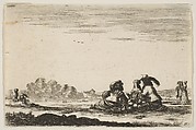 Two noblemen seated in center, seen from behind, conversing with a noblewoman seated between them, a noblewoman and man seated to left in background and standing to right in background, plate 7 from "Various Figures" (Agréable diversité de figures), Stefano della Bella  Italian, Etching; state unknown (clipped impression)
