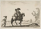 A horseman and a woman, seen from behind, riding towards the right with a young man following them to left, another horseman and woman to right in the background, plate 10 from "Various Figures" (Agréable diversité de figures), Stefano della Bella  Italian, Etching; state unknown (clipped impression)