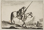 A soldier on horseback, holding a musket in his right hand, in profile descending a slope towards the right, other soldiers on horseback to right in the background, plate 12 from "Various Figures" (Agréable diversité de figures), Stefano della Bella  Italian, Engraving; state unknown (clipped impression)