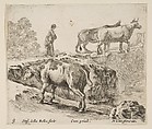 A cow ascending a bank, a peasant woman leading two cows across a bridge in background, plate 9 from "Diversi capricci", Stefano della Bella  Italian, Etching; third state of four