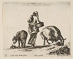 A peasant woman, seen from the back, holding a basket in center, a donkey to left and a horse with a pack on its back to right, plate 13 from "Diversi capricci", Stefano della Bella Italian, Etching; third state of four