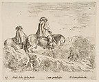 Two horsemen descending a mountain at left, another horseman to right in background, plate 10 from "Diversi capricci", Stefano della Bella Italian, Etching; third state of four (De Vesme)