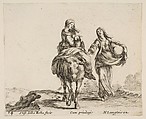 A young peasant woman and her child sitting side saddle atop a horse in center, another peasant woman to right, holding a large bag in her left arm, plate 14 from "Diversi capricci", Stefano della Bella Italian, Etching; third state of four (De Vesme)