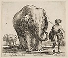 An elephant in center, his mahout standing to the right wearing an Oriental costume, another elephant to left in background, plate 16 from "Diversi capricci", Stefano della Bella Italian, Etching; third state of four (De Vesme)