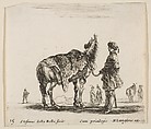 A Polish nobleman, facing away, holding his horse covered in leopard skin, four men and a horse in background, plate 15 from "Diversi capricci", Stefano della Bella Italian, Etching; third state of four (De Vesme)