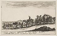 A horse drawn cart carrying people and goods, dead horse in the foreground, plate 1 from "Various Military Caprices" (Varii capricci militari), Stefano della Bella Italian, Etching; second state of four