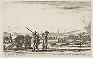An officer giving orders to a soldier in centre foreground, cannon at left, plate 3 from "Various Military Caprices" (Varii capricci militari), Stefano della Bella Italian, Etching; second state of four