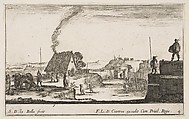 A military encampment with a soldier standing on a parapet to the right beating a drum, plate 4 from "Various Military Caprices" (Varii capricci militari), Stefano della Bella Italian, Etching; second state of four