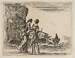 Plate 3: two girls walking towards the right, seen from behind, a woman on a horse to right in background, from "Diversi capricci", Stefano della Bella Italian, Etching