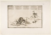 Plate 25 from "La Tauromaquia": They loose dogs on the bull, Goya (Francisco de Goya y Lucientes)  Spanish, Etching, burnished aquatint, drypoint