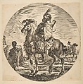 Moorish horseman in profile facing left, a black slave holding a fur at left, another horseman to right in the background, from 'Figures on Horseback' (Cavaliers nègres, polonais et hongrois), Stefano della Bella Italian, Etching; reverse copy