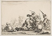 A skirmish, two horsemen battling with swords to the right, men carrying a flag running away towards the right, a dead man on the ground and a horseman seen from behind to the left, from "Varie figure", Stefano della Bella  Italian, Etching; first state of four