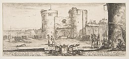 An entrance to a fortress in center, a woman with child seated by a fire to right, soldiers gather to right and in center, cannons in landscape to left, title page from "Peace and War" (Divers desseins tant pour la paix que pour la guerre), Stefano della Bella  Italian, Etching; second state of four