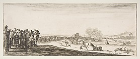 A procession of horse-drawn cannon carriages to left, horsemen in combat and a dead horse to right, battle on a bridge in center background, from "Peace and War" (Divers desseins tant pour la paix que pour la guerre), Stefano della Bella  Italian, Etchin; second state of two