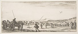 A procession of horsemen and cannons in the middle ground walking to the left, a cannon and two men to left, from "Peace and War" (Divers desseins tant pour la paix que pour la guerre), Stefano della Bella  Italian, Etching; second state of two