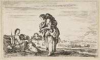 A woman seated to left holding a child, facing right in profile, conversing with a standing woman in center, carrying one child on her back and another in her arms, a church to left in background and boats to right in background, from 'Various figures and lands' (Diverse figure e paesi), Stefano della Bella  Italian, Etching