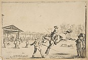 A riding school, a horseman with sword jumping directed by another man with a sword in center, a man standing next to his horse to right, various horsemen, the school, and two dogs in the background, from 'Varie figure', Stefano della Bella Italian, Etching; fourth of four states