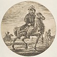 Hungarian horseman riding towards the right, other horsemen in the background, a circular composition from "Figures on Horseback (Cavaliers nègres, polonais et hongrois), Stefano della Bella Italian, Etching