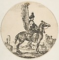 Polish hussar in profile facing right with wings attached to his back, a circular composition, from "Figures on Horseback" (Cavaliers nègres, polonais et hongrois), Stefano della Bella Italian, Etching