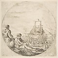 A seated white sailor and a standing black sailor, people building a ship in the background, a circular composition, Stefano della Bella Italian, Etching; first state of two
