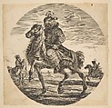 Hungarian horseman riding towards the left, other horsemen in the background, a circular composition from 'Figures on Horseback' (Cavaliers nègres, polonais et hongrois), Stefano della Bella Italian, Etching; reverse copy