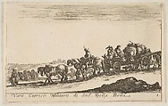 Plate 1: a horse drawn cart carrying people and goods, dead horse in the foreground, from "Various Military Caprices" (Varii capricci militari)
, Stefano della Bella Italian, Etching; third state of four