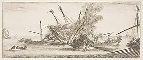 Naval combat, a ship at center, seen from behind, firing at four enemy ships, another ship entering from the right, a rowboat with nine people to left, from "Peace and War" (Divers desseins tant pour la paix que pour la guerre), Stefano della Bella  Italian, Etching; second state of two