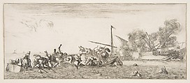 Naval battle, a rowboat filled with people fighting with muskets to left, people drowning in the sea in the center and right foreground, a ship on its side and burning in the background, from "Peace and War" (Divers desseins tant pour la paix que pour la guerre), Stefano della Bella  Italian, Etching; second state of two