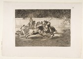 Plate 28 of "La Tauromaquia": The forceful Rendon stabs a bull with the pique, from which pass he died in the ring at Madrid, Goya (Francisco de Goya y Lucientes)  Spanish, Etching, burnished aquatint, burin