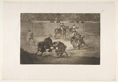 Plate 29 of  "La Tauromaquia": Pepe Illo making the pass of the 'recorte', Goya (Francisco de Goya y Lucientes)  Spanish, Etching, burnished aquatint, drypoint, burin