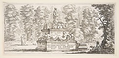Plate 1: a monument with statues and a coat of arms in the center, a draughstman on the ground beneath a tree to right, two groups of lovers to left in the background, from 'Various landscapes' (Divers paysages), Stefano della Bella  Italian, Etching; second state of two