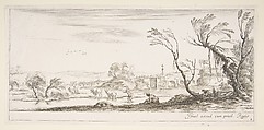 Plate 2: a peasant woman removing her shoes in center, another peasant woman and two cows in a stream to left, a bridge to right in the background, from 'Various landscapes' (Divers paysages), Stefano della Bella  Italian, Etching; second state of two