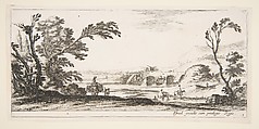 Plate 3: two horsemen crossing a river to right, a woman with two baskets atop a donkey to left, trees to the left and right, a bridge in the background, from 'Various landscapes' (Divers paysages), Stefano della Bella  Italian, Etching; second state of two
