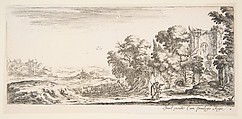 Plate 4: two pilgrims observing ruins to right, one pointing towards the right, a shepherd and a herd of cattle in center background, from 'Various landscapes' (Divers paysages), Stefano della Bella  Italian, Etching; second state of two
